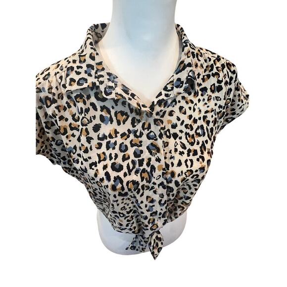 TIMING BUTTON UP CROP TOP CHEETAH PRINT WOMENS LARGE - Picture 2 of 8